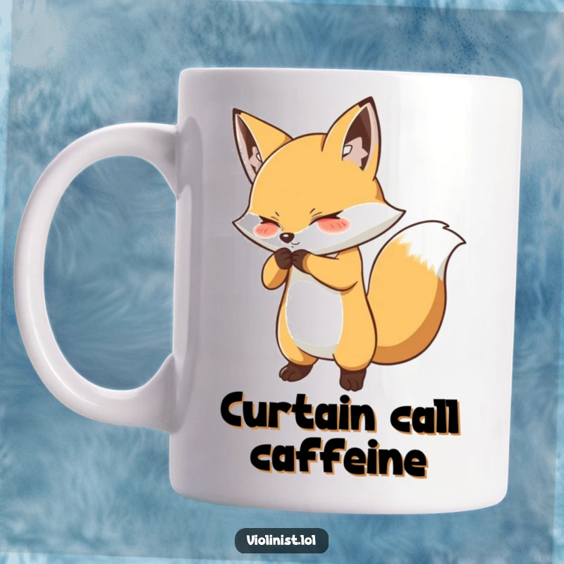 Funny fox bow mug with a determined fox performing a dramatic bow with a flourish, exuding theatrical confidence and humor.