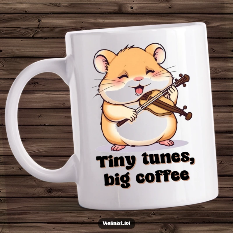 Funny hamster mug showing a giggling hamster intensely sawing a miniature violin with extreme focus, a comical musician.
