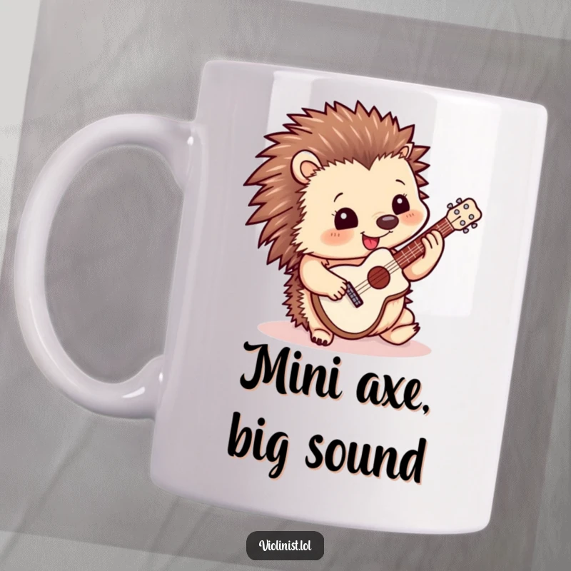 Funny mug featuring a happy hedgehog enthusiastically playing a tiny guitar, radiating pure musical joy.