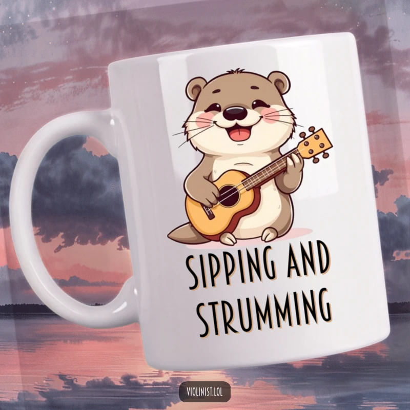 Funny playful otter with a wide grin, strumming a ukulele, happy animal mug, musical and cheerful.