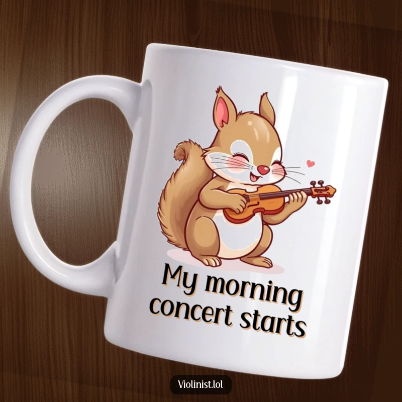 Funny mug with a playful squirrel energetically sawing a tiny violin, showcasing its enthusiastic and slightly chaotic musical talent.
