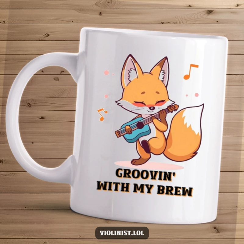 Funny fox mug depicting a determined vulpine tapping its foot with intensity while playing a musical melody, full of concentration.