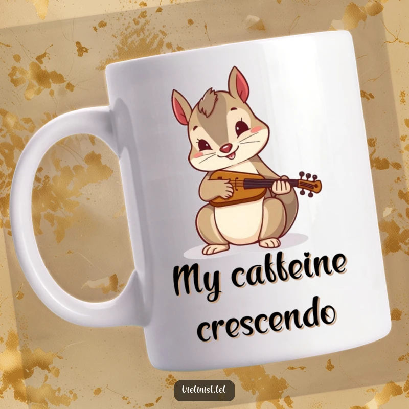 Funny mug: An energetic squirrel enthusiastically saws a miniature fiddle, capturing playful folk music vibes for a humorous gift.