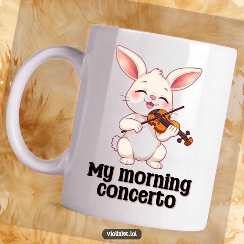 Funny bunny playing miniature violin with eyes closed in pure musical bliss, a delightful ceramic mug for gifting.
