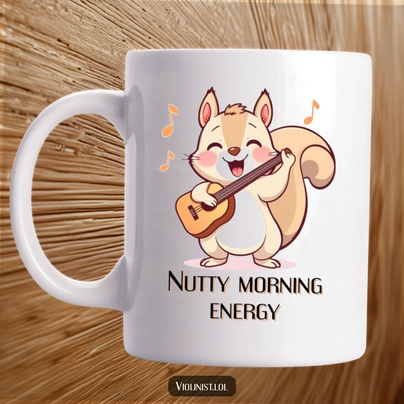 Funny mug featuring a happy squirrel energetically bopping its head while playing a cheerful tune on the violin.