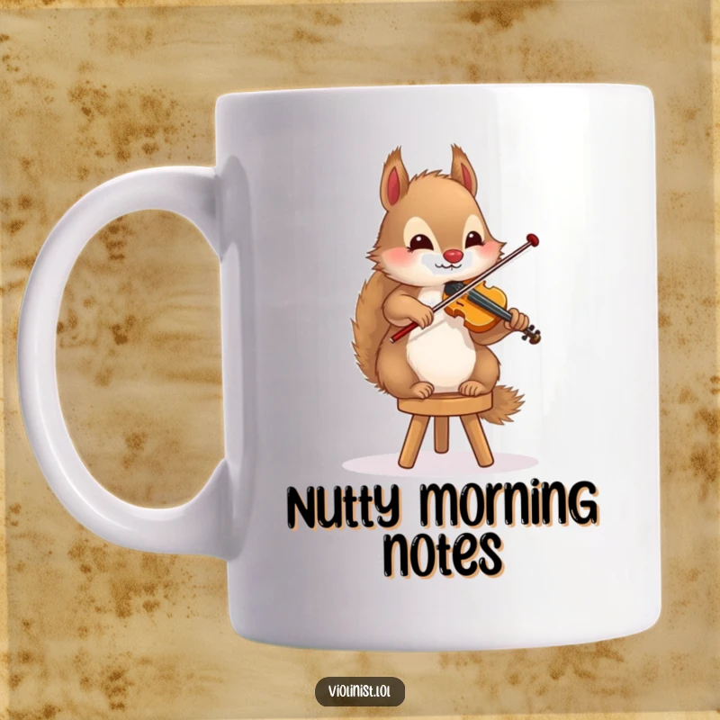 Funny squirrel mug depicting a fluffy rodent playing the violin with impressive balance on a small stool, a true performer.
