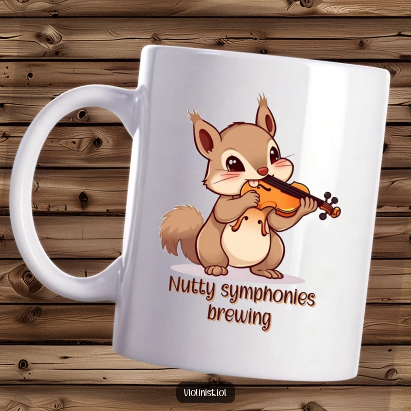 Funny squirrel mug showing a curious squirrel attempting to balance a violin on its nose with intense focus, comical scene.