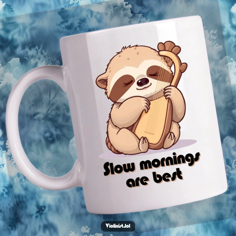 Funny sloth mug, a sleepy sloth gently plucking a harp with one claw, creating soft music with a serene expression.
