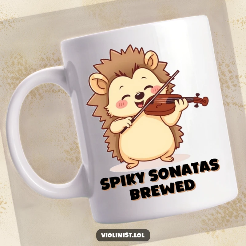 Funny hedgehog mug featuring a jolly character playing violin with cheerful, rhythmic movements, enjoying the music.