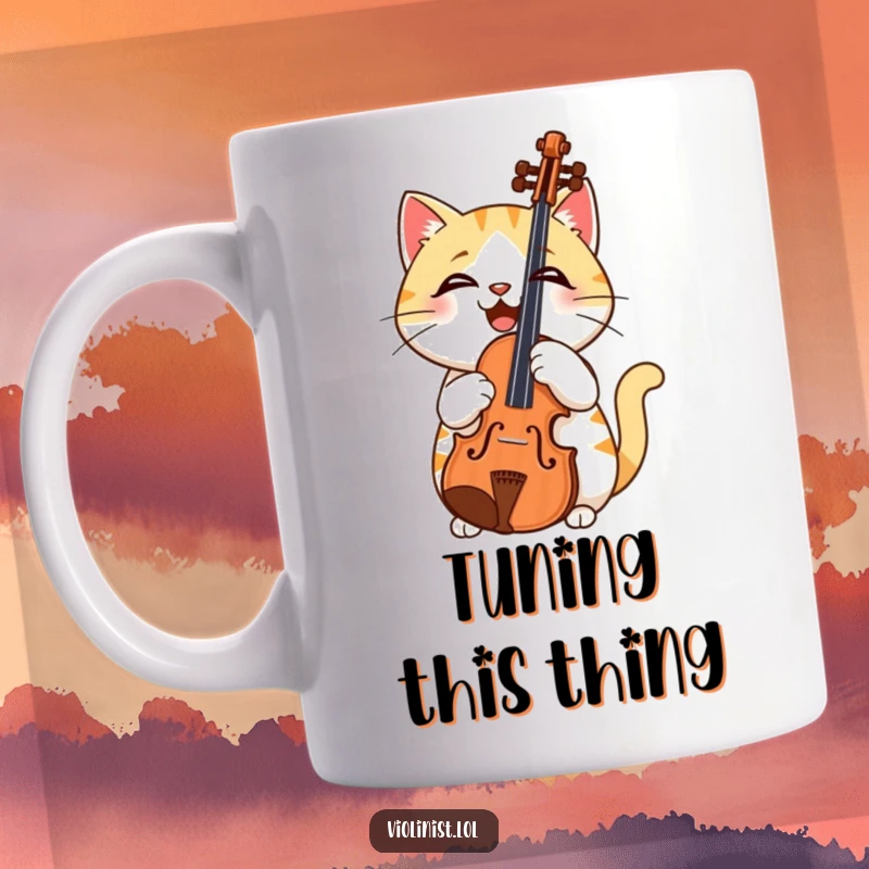 Funny mug featuring a smiling cat holding a violin upside down, looking utterly confused by the musical instrument.