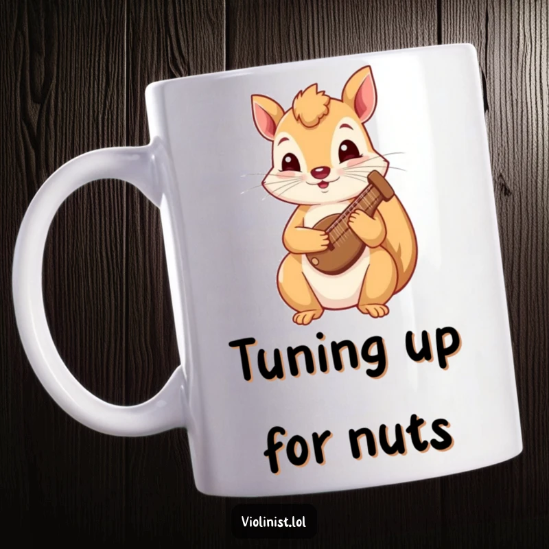 Funny squirrel mug featuring a curious squirrel gently plucking a tiny harp, evoking whimsical musical joy.