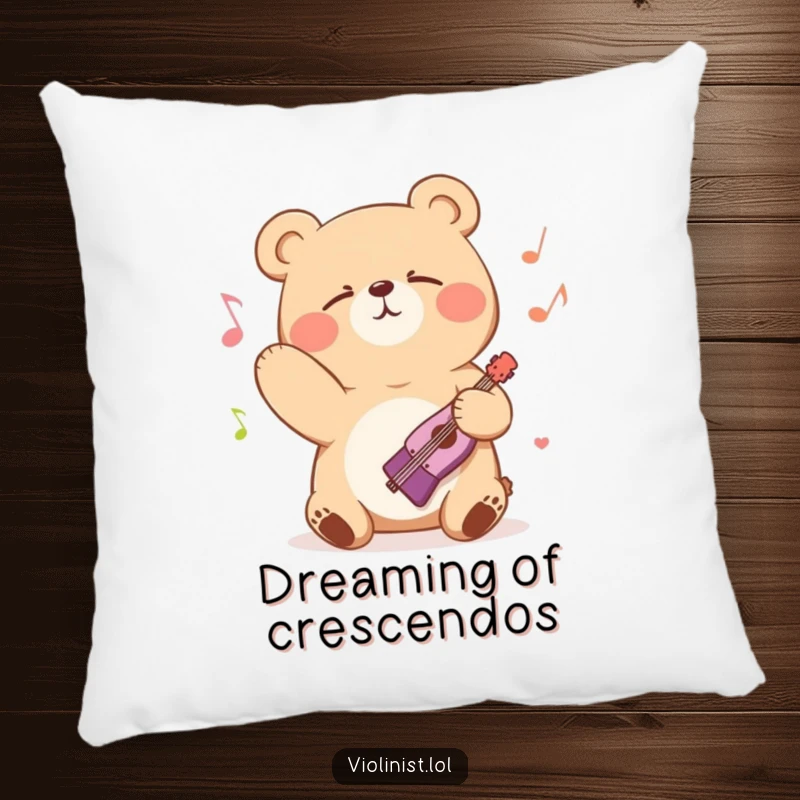 Funny bear bowing passionately with eyes closed, enjoying music, on a soft pillow, perfect funny gift.