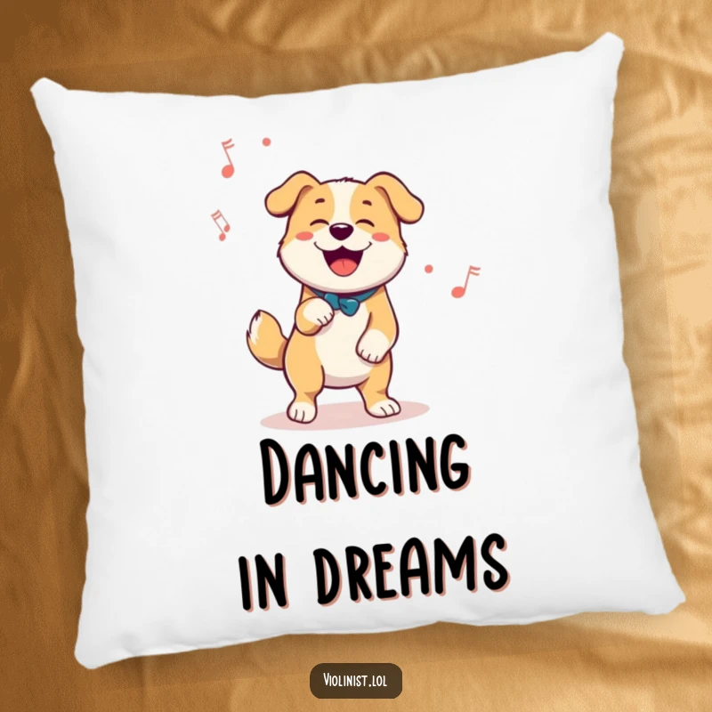 Funny pillow featuring a happy dog enthusiastically tapping its foot to a melody, adding rhythmic humor to decor.