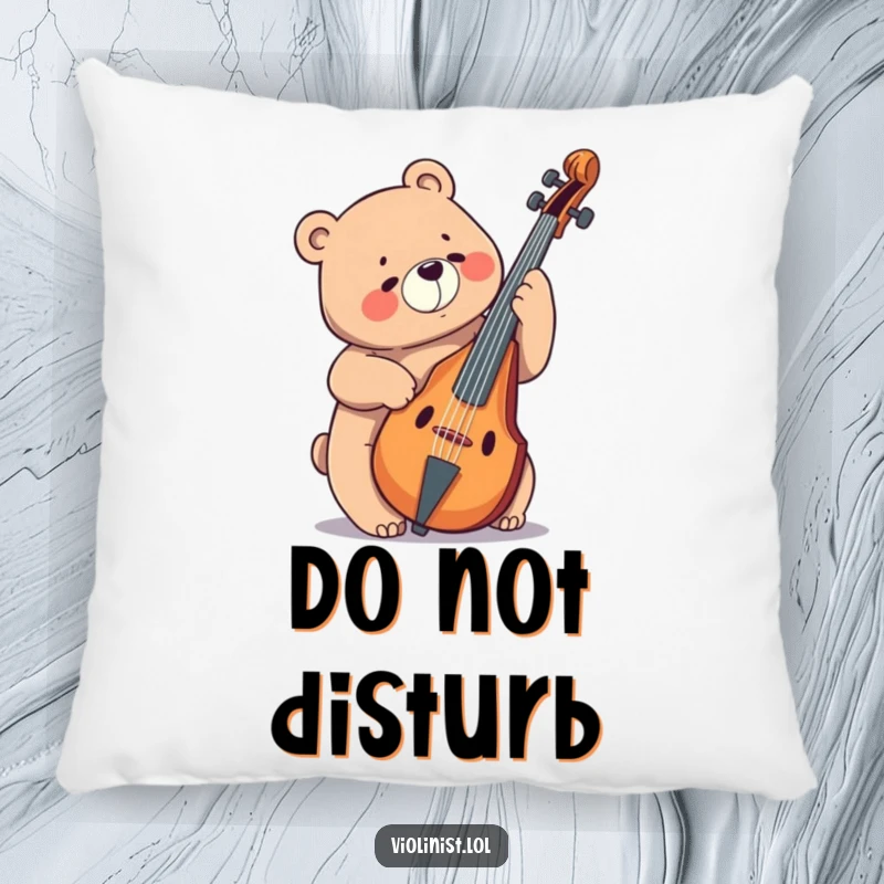 Funny bear playing a massive cello, depicted on a soft and comfortable pillow for humorous home decor.