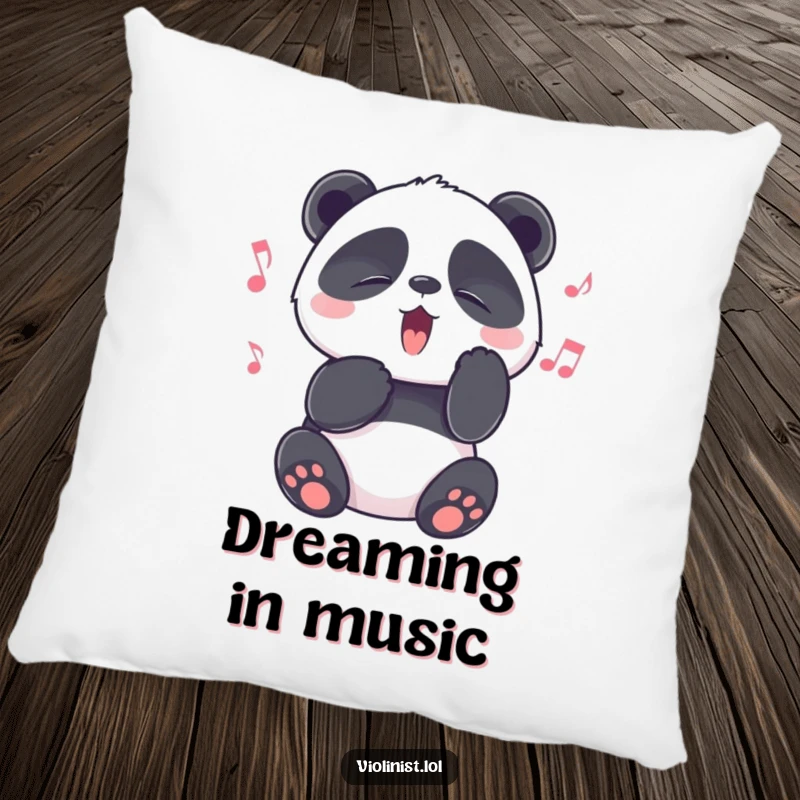 Funny panda with eyes shut tight in melodic bliss, enjoying a song, on a soft pillow, perfect funny gift.
