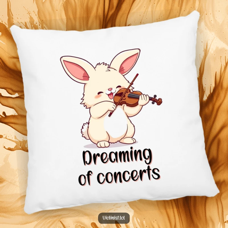 Funny pillow featuring a fluffy bunny character joyfully playing the violin with enthusiasm, bringing cozy humor.