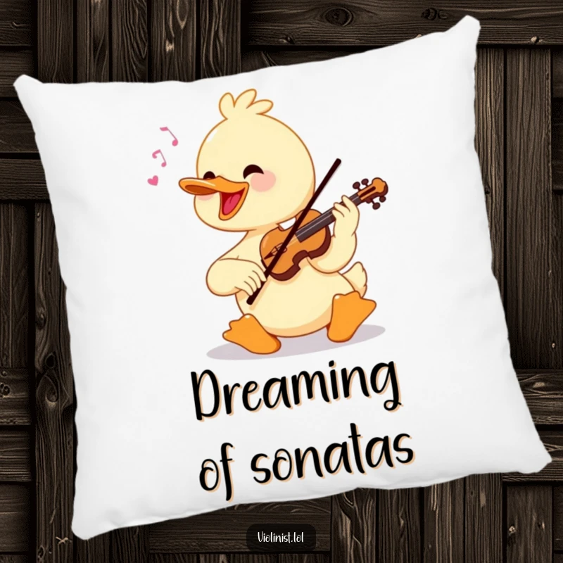 Funny duck playing a violin with virtuosic skill, designed on a plush decorative pillow.
