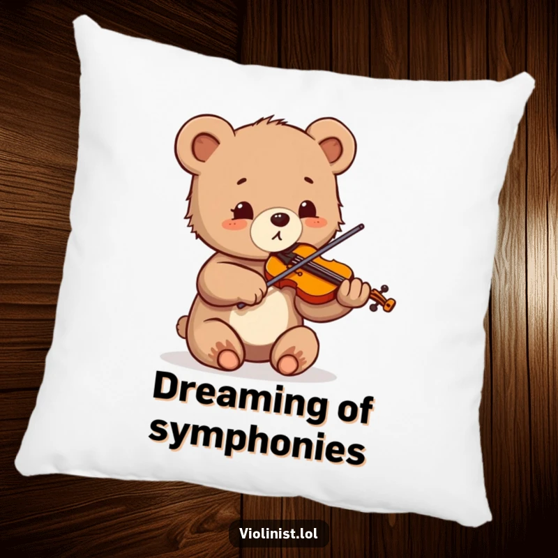 Funny pillow featuring a small bear cub playing the violin with great enthusiasm and wide, happy eyes.