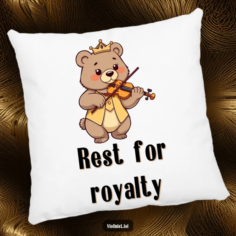 Funny proud bear playing violin with regal posture, a soft and humorous pillow.