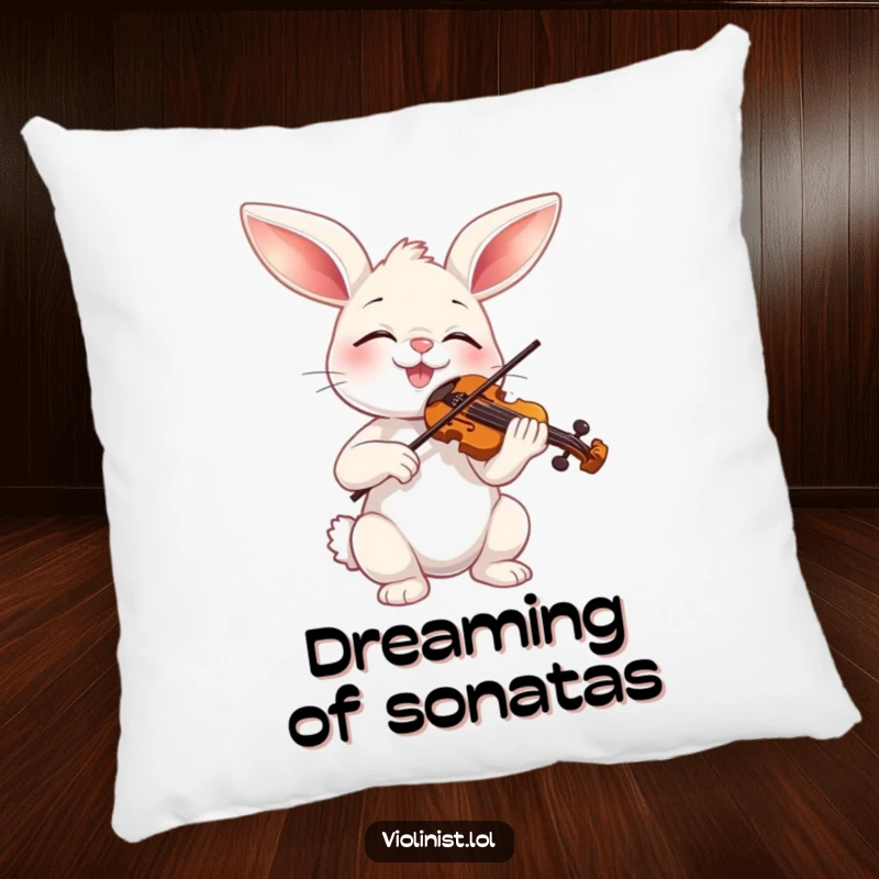 Funny bunny musician on a soft pillow, eyes closed in bliss while playing a miniature violin, adding humor.