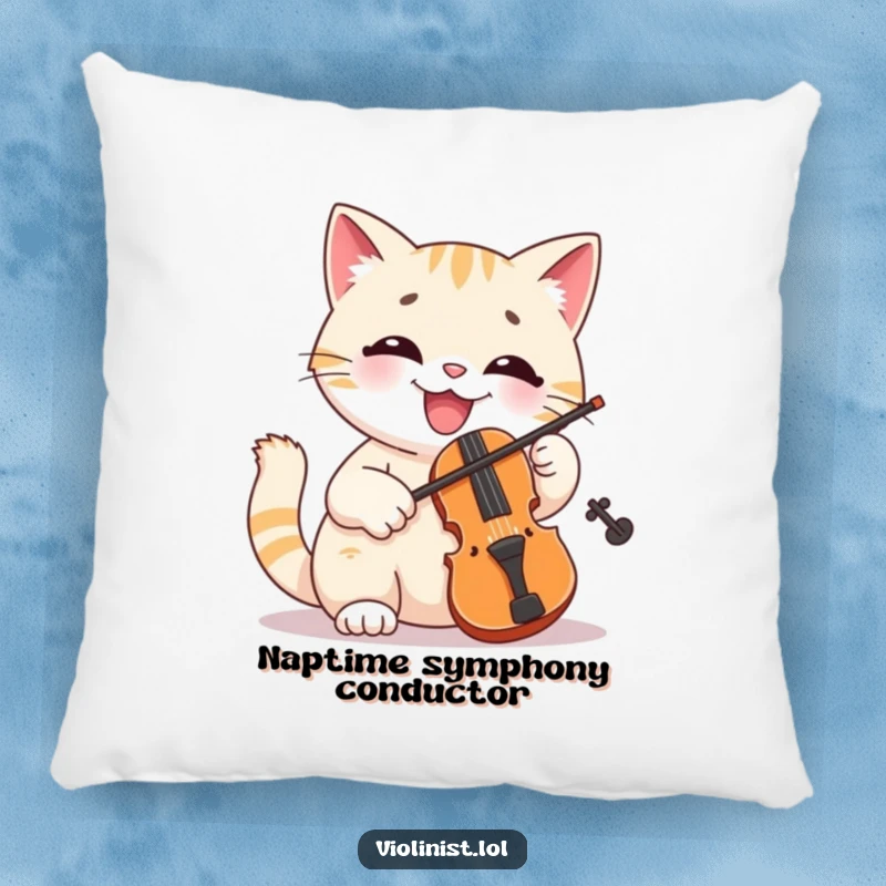Funny cat pillow with a happy, smiling cat enthusiastically playing a tiny violin, offering musical comfort and whimsical decor.