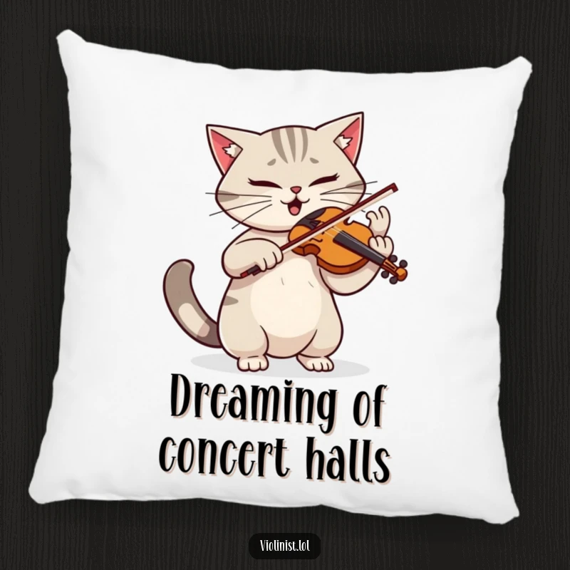 Funny pillow featuring a determined cat playing violin with dramatic flair and a twitching tail, offering comfort and artistic expression.