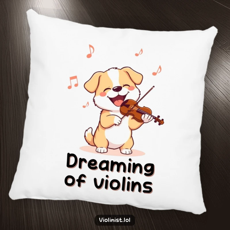 Funny dog pillow showing a delighted dog happily bobbing its head while playing a violin, bringing musical cheer and comfort.