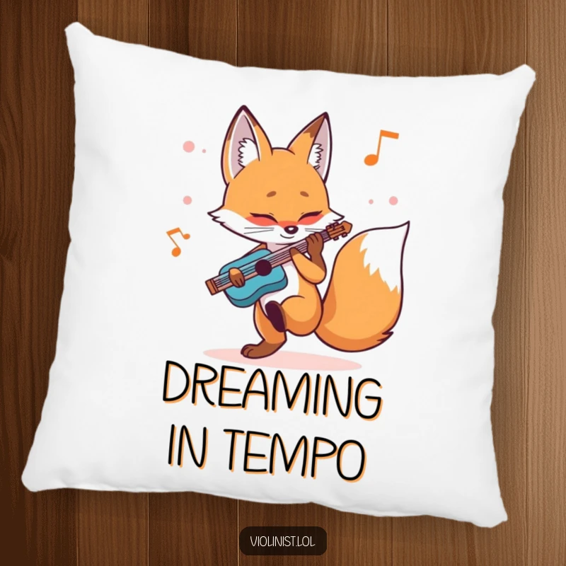 Funny fox pillow with a determined vulpine tapping its foot to a melody, offering musical comfort and character.
