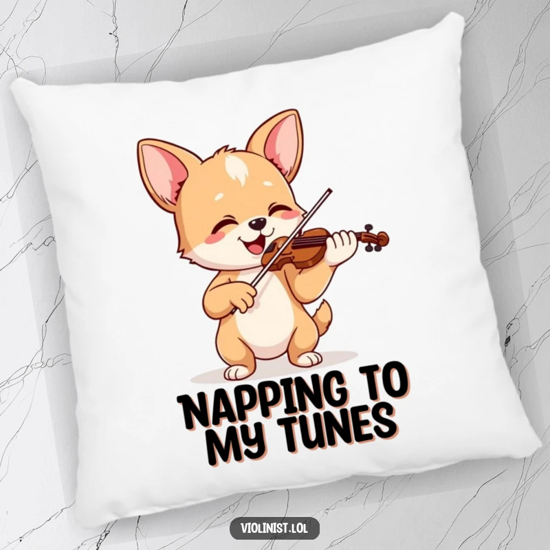 Funny pillow featuring a happy dog playing violin with ears perked up, providing comfort and a touch of musical cheer.