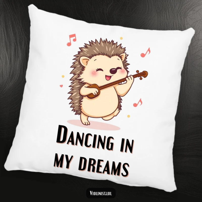 Funny hedgehog pillow featuring a happy hedgehog tapping its foot to a lively violin tune, offering cozy comfort and musical joy.