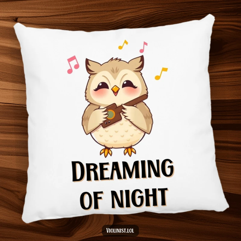 Funny owl pillow with a content owl playing a musical instrument with a serene smile, perfect for adding peaceful humor.