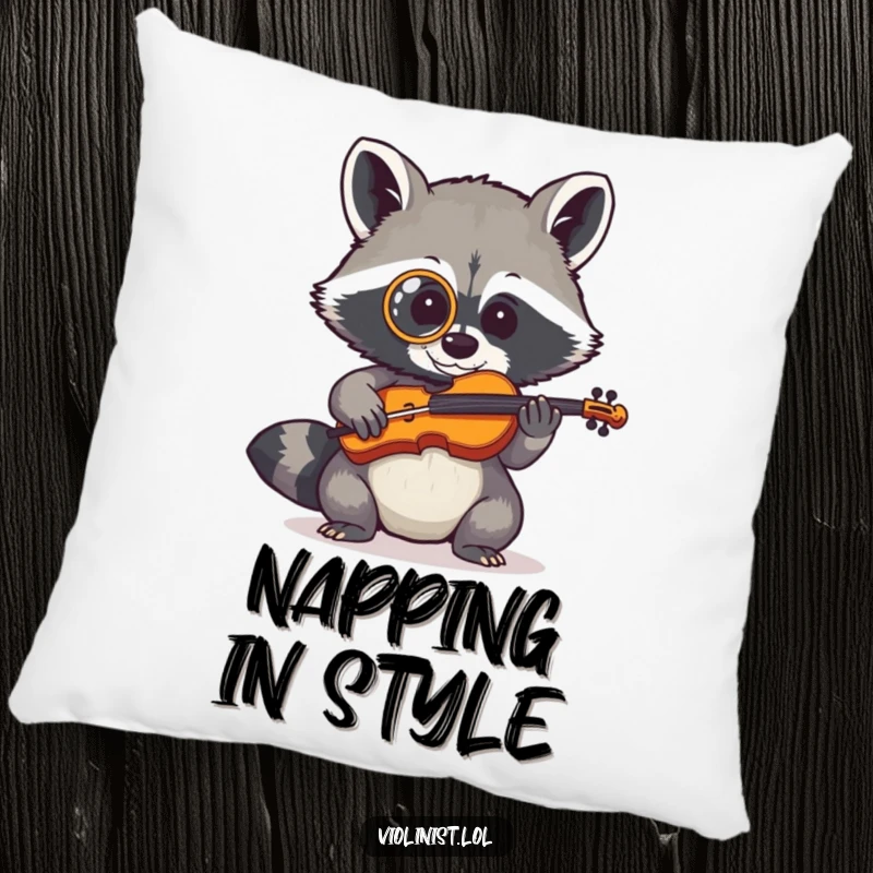 Shy raccoon wearing a monocle playing a tiny fiddle, designed on a plush decorative pillow.