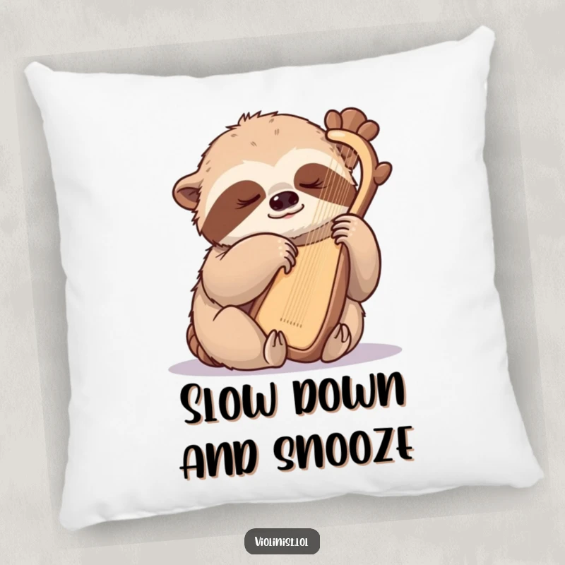 Funny sloth pillow, a sleepy sloth gently plucking a harp with one claw, offering comfort and a touch of musical serenity.