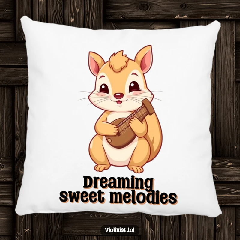 Funny squirrel pillow featuring a curious squirrel playing a tiny harp, offering cozy comfort and whimsical musical humor.