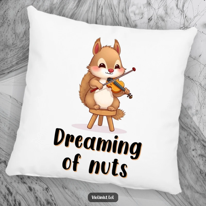Funny squirrel pillow with a fluffy rodent playing the violin while balancing on a small stool, offering musical comfort.