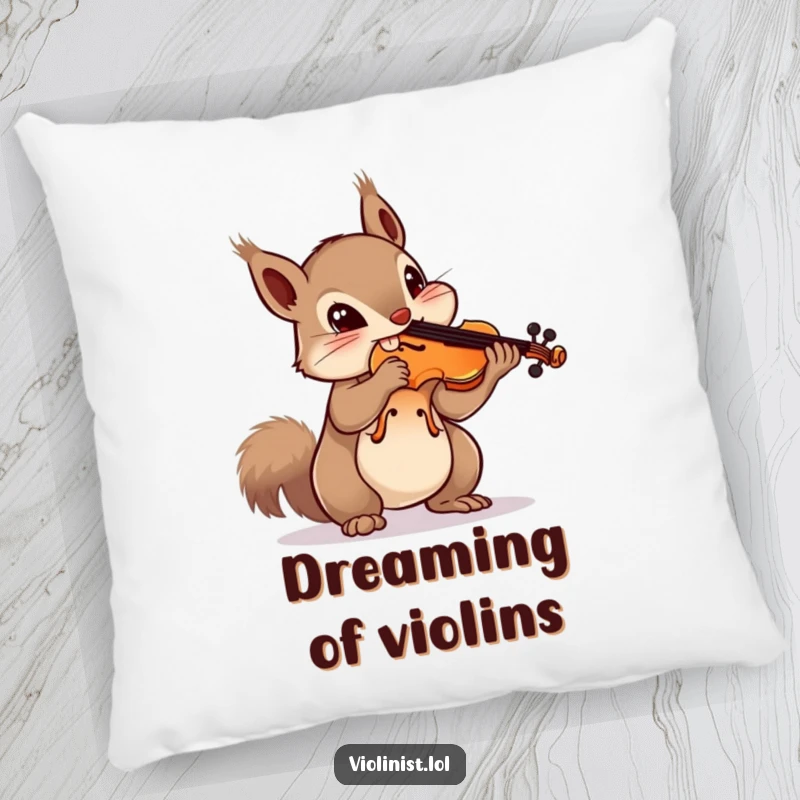 Funny squirrel pillow with a curious squirrel balancing a violin on its nose, perfect for adding humorous charm.