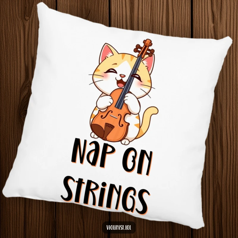 Funny pillow design of a cat holding a violin upside down, with a confused expression, perfect for cozying up.