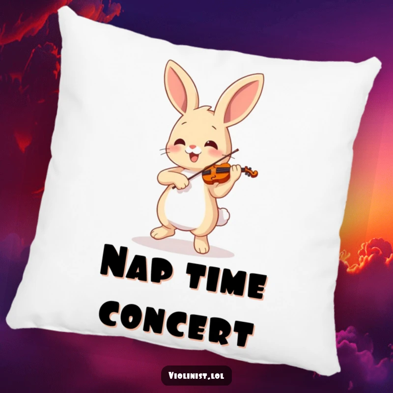 Funny bunny dancing and playing a violin with gusto, printed on a soft, huggable pillow, perfect funny gift.