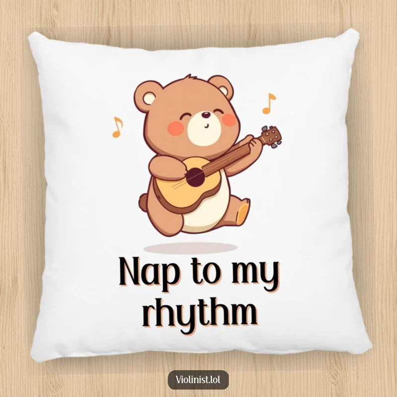 Funny energetic bear pillow, sitting comfortably while playing a joyful tune, adding a touch of whimsical musical cheer to any room.
