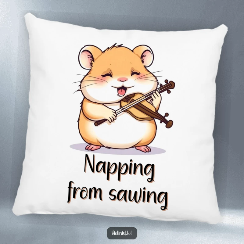 Funny hamster pillow with a giggling hamster intently sawing a miniature violin, perfect for adding focused humor.