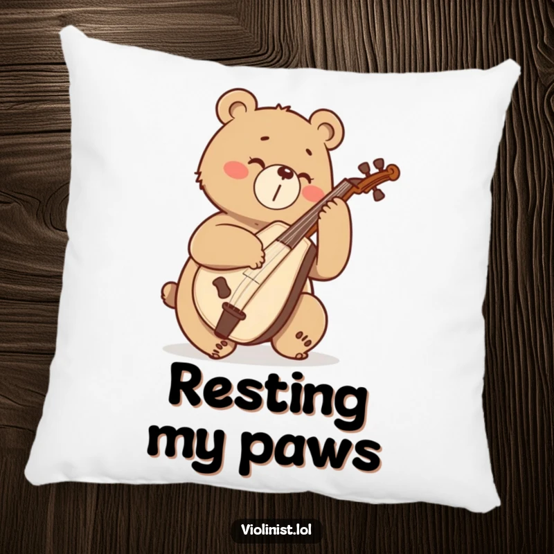 Funny bear playing a cello with great enthusiasm, designed on a plush decorative pillow.