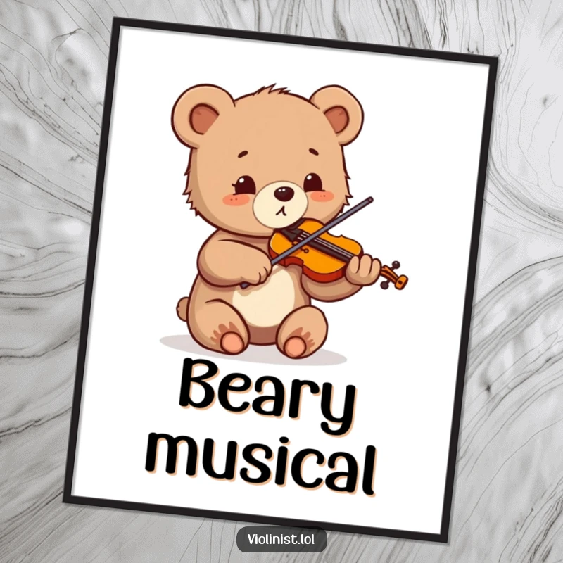 Funny digital art of a small bear cub sawing its violin with wide, delighted eyes and infectious enthusiasm.