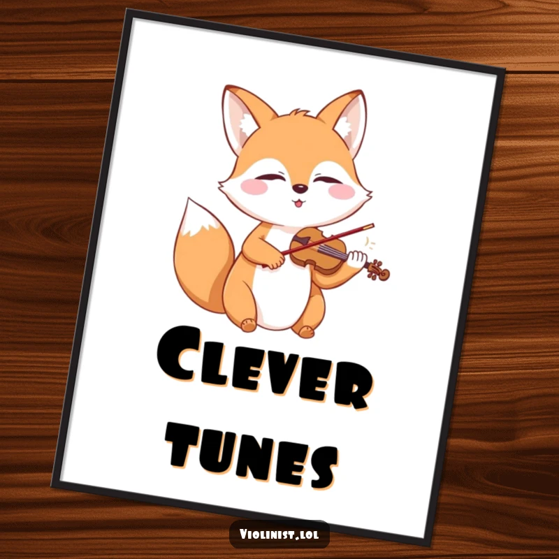 Happy fox with closed eyes playing a miniature violin, presented as digital art for printing.