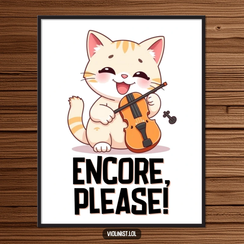 Funny cat digital art print of a cheerful feline enthusiastically playing a tiny violin with a wide smile, bringing musical cheer.