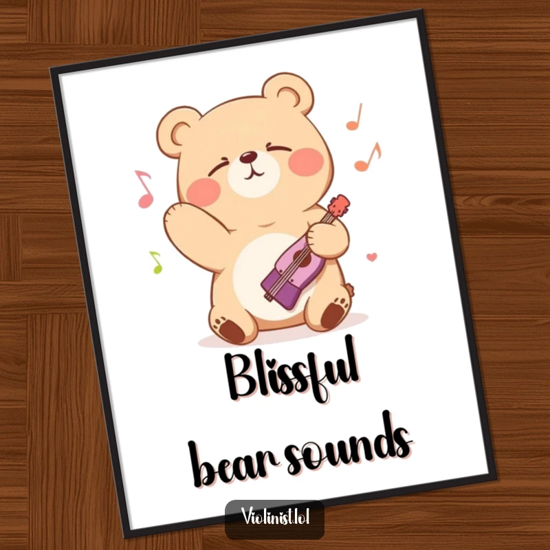 Funny bear bowing passionately with eyes closed, lost in musical bliss, high-resolution digital art, great funny gift.