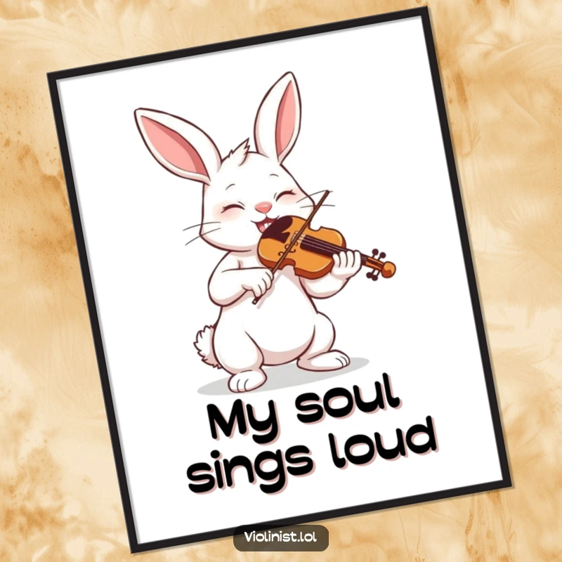 Funny determined bunny playing violin with eyes closed, vibrant digital art print.