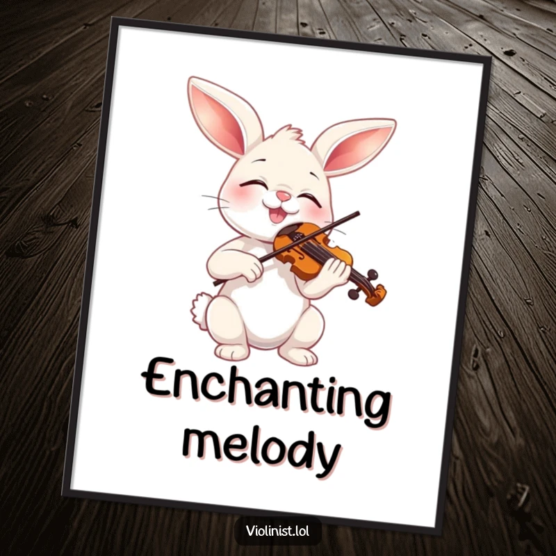Funny bunny playing a miniature violin with eyes closed in bliss, a downloadable digital art print for humorous decor.