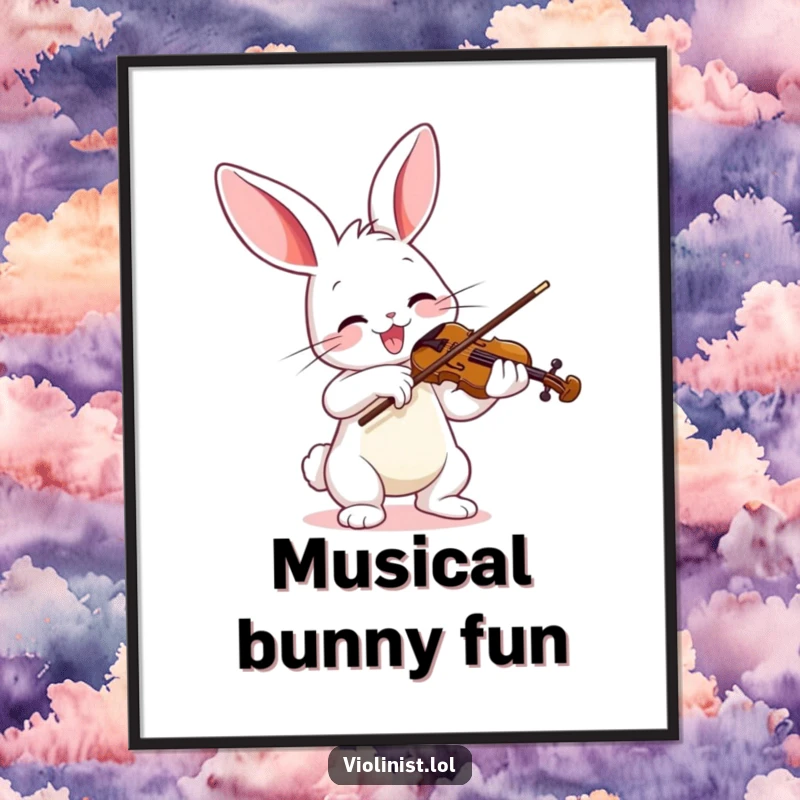 Funny digital art print of a joyful bunny enthusiastically playing a violin with a vibrant bow, capturing musical delight.