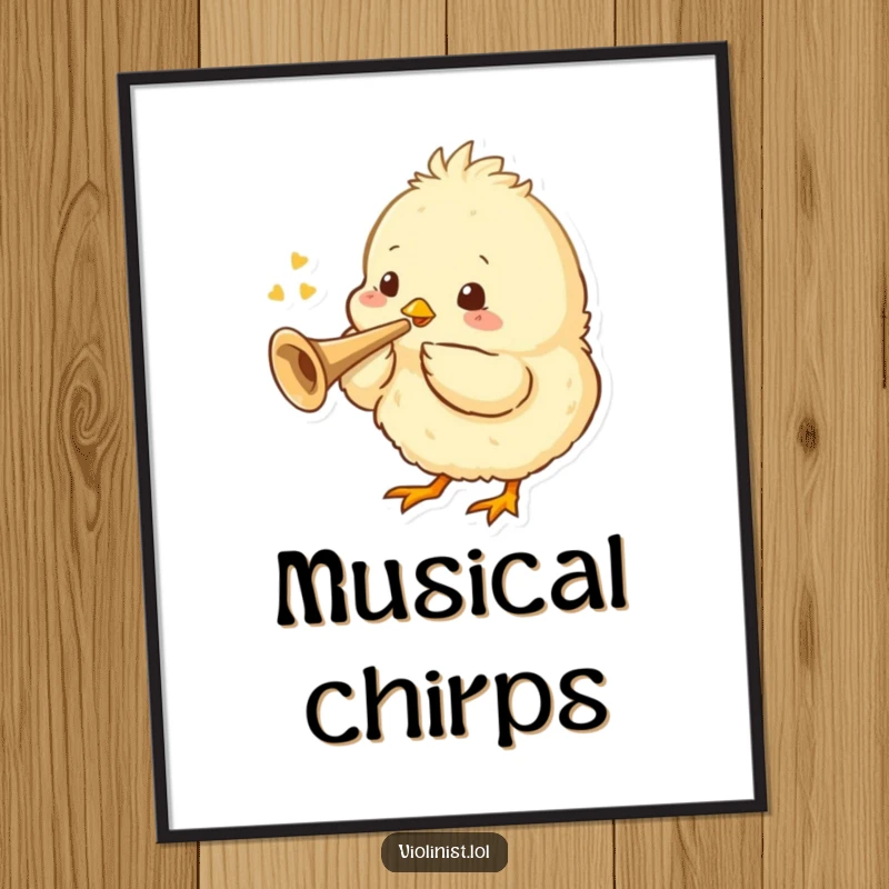 Funny digital art of a fluffy chick playing a tiny trumpet, a cute and musical downloadable piece.