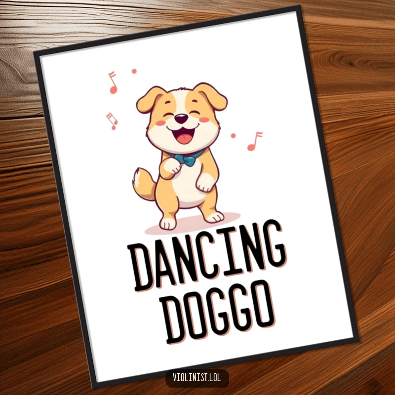Funny digital art print of a happy dog enthusiastically tapping its foot to a melody, capturing pure dancing joy.